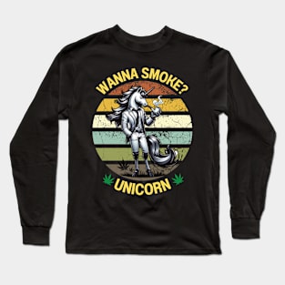 Vintage Wanna Smoke Unicorn Funny Unicorn Cannabis Weed Tees Long Sleeve T-Shirt